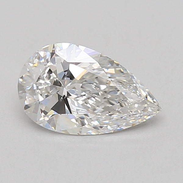 Pear-shaped faceted diamond with clear, colorless appearance and visible light refraction on gray background.