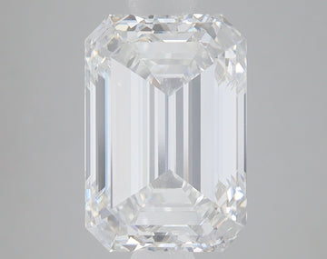 Clear emerald-cut lab-grown diamond with faceted edges and light refraction displayed on neutral background.