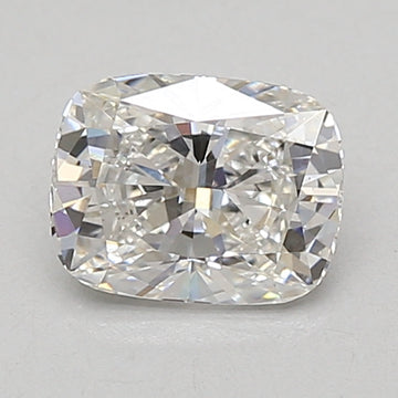 Clear cushion-cut lab-grown diamond with faceted surface and light reflections on neutral background.