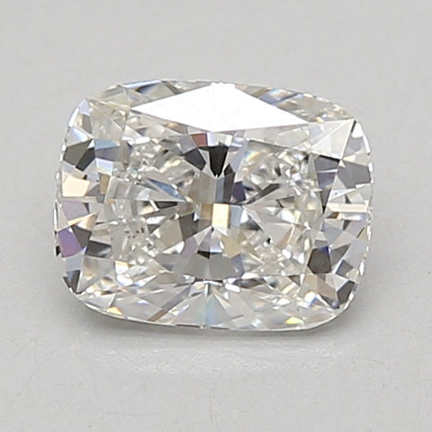 Clear cushion-cut lab-grown diamond with faceted surface and light reflections on neutral background.