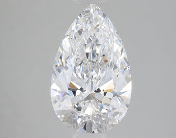Pear-shaped clear diamond with faceted surfaces and light reflections on neutral background.