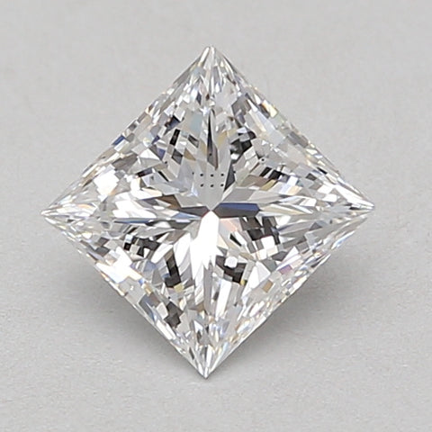 Princess-cut lab-grown diamond with square faceted shape and brilliant light refraction, displayed against neutral background