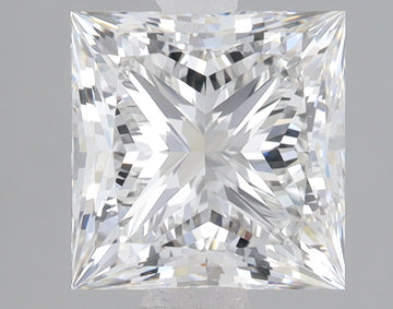 Clear princess-cut lab-grown diamond with brilliant faceting and reflective surfaces displayed against a gray background.