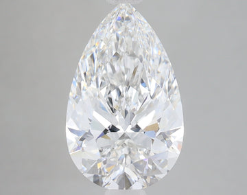 Clear pear-shaped lab-grown diamond with faceted surface and light reflections on neutral background.