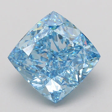 Light blue cushion-cut diamond with faceted surfaces reflecting white and blue light against a neutral background.