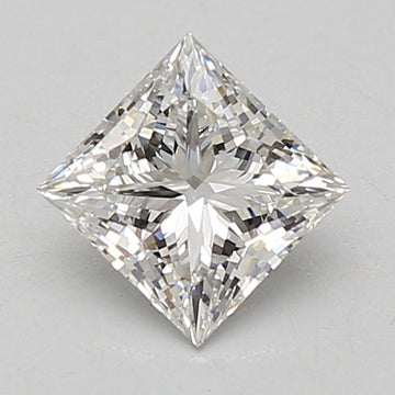 Princess cut lab-grown diamond with faceted surfaces reflecting light, displayed at an angle against a neutral background.