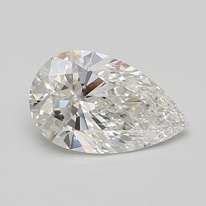 Pear-shaped clear diamond with faceted surface and light reflections on neutral background.