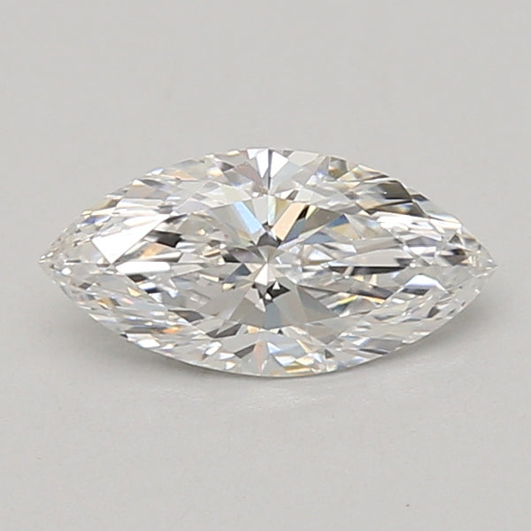 Marquise-cut colorless diamond with faceted surface displaying light refraction on neutral gray background.