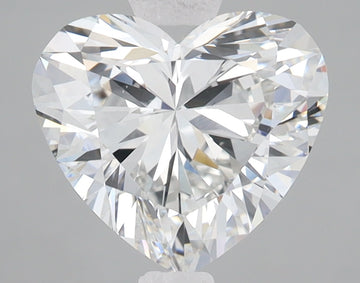 Heart-shaped clear lab-grown diamond with brilliant faceting, displayed against a neutral background.