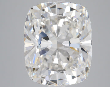 Cushion cut lab-grown diamond with faceted surface displaying light refraction, on neutral gray background.