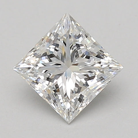 Princess cut lab grown diamond, 1.1 carat, displaying faceted surfaces and light refraction on neutral background.