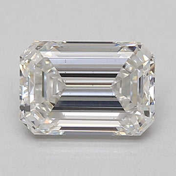Emerald-cut lab-grown diamond loose stone with faceted surfaces and light reflections on neutral background.