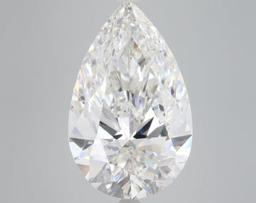 Pear-shaped lab-grown diamond with faceted surfaces and clear coloring, displayed against a neutral gray background.