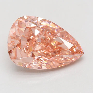 Pear-shaped lab-grown diamond with faceted surface and peachy-pink tone on neutral background.
