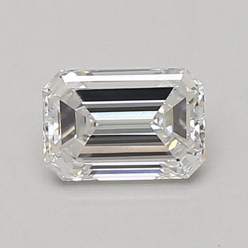 Emerald-cut lab-grown diamond loose stone with faceted edges and clear appearance on gray background.