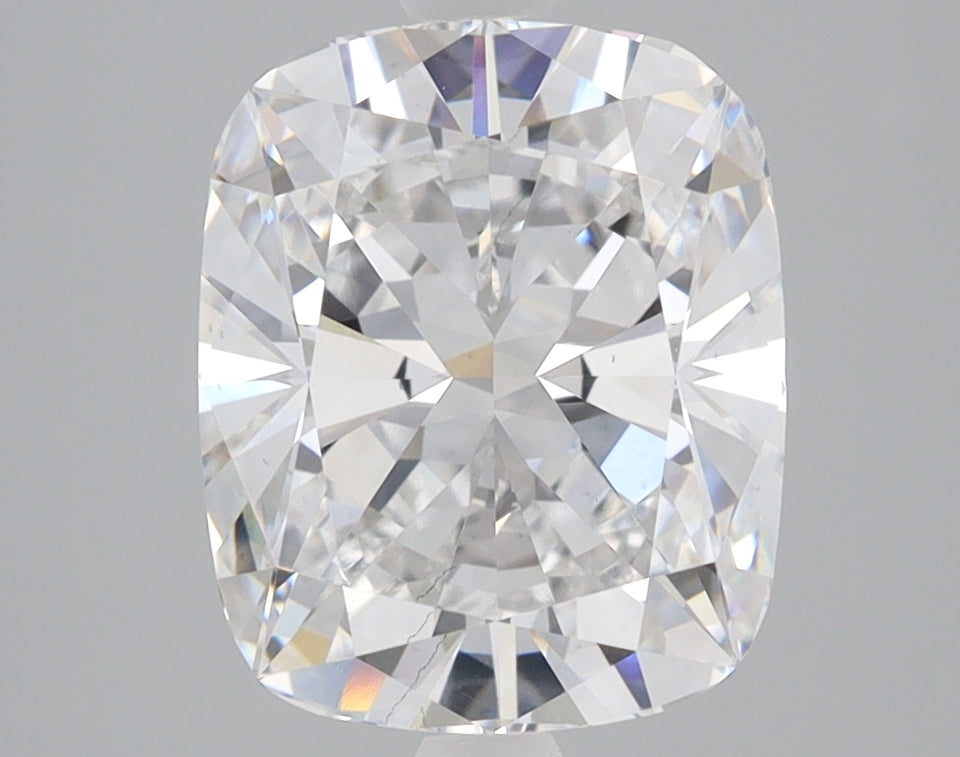 Cushion-cut lab-grown diamond with faceted surface reflecting light, displayed against neutral background.