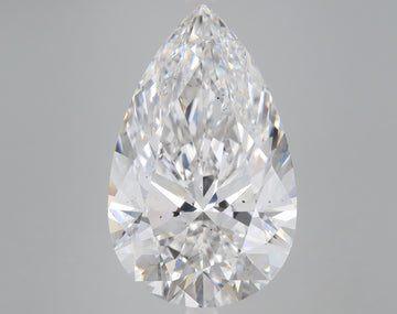Pear-shaped lab-grown diamond with faceted surfaces reflecting light against a gray background.