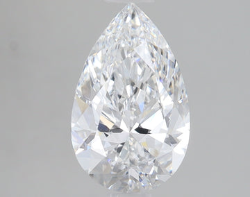 Pear-shaped lab-grown diamond with faceted surface displaying light refraction on gray background.