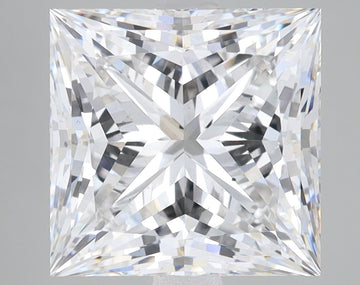 Colorless princess-cut lab-grown diamond with faceted surface reflecting light, displayed on neutral background.