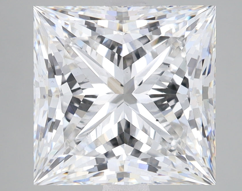 Colorless princess-cut lab-grown diamond with faceted surface reflecting light, displayed on neutral background.