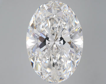 Clear oval-cut lab-grown diamond with faceted surfaces reflecting light, displayed against neutral gray background.