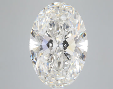 Clear oval-cut lab-grown diamond with faceted surfaces reflecting light, displayed against neutral gray background.