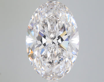 Colorless oval-cut lab-grown diamond with faceted surfaces and light refraction on neutral background.