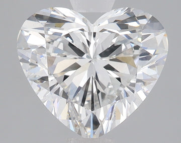 Heart-shaped colorless lab-grown diamond with faceted surfaces reflecting light, displayed on neutral gray background.