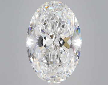 Oval-cut lab-grown diamond with faceted surfaces reflecting white and colored light against a gray background.