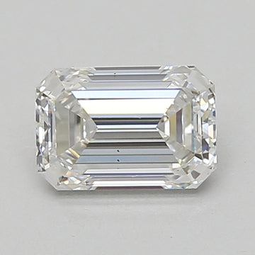 Emerald-cut loose diamond with faceted sides and clear transparency on neutral background.