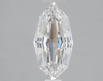 Clear lab-grown diamond with step-cut faceting, elongated oval shape, displaying light refraction on gray background.