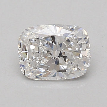 Cushion-cut lab-grown diamond with clear facets and light reflections on neutral background.