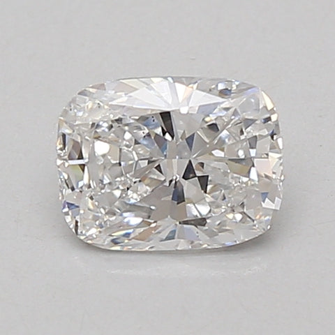 Cushion-cut lab-grown diamond with clear facets and light reflections on neutral background.