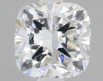 Cushion-cut lab-grown diamond with brilliant faceting and light refraction, displaying colorless appearance against neutral b