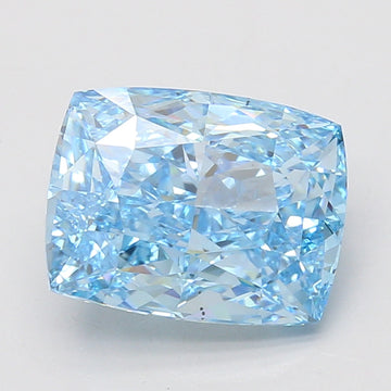 Light blue cushion-cut diamond with faceted surfaces and light reflections on neutral background.