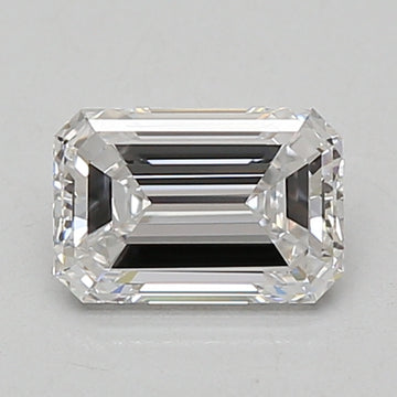 Rectangular emerald-cut lab-grown diamond with faceted sides and clear transparency, displayed against a neutral background.