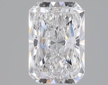 Clear radiant-cut diamond with faceted surfaces reflecting light against a neutral background.
