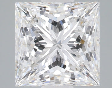 Princess cut lab grown diamond with faceted surfaces reflecting light, displayed against neutral background.