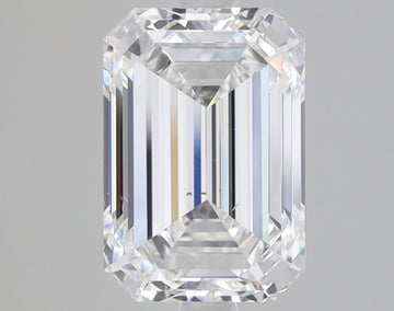 Clear emerald-cut diamond with faceted surfaces and light refraction on neutral gray background.