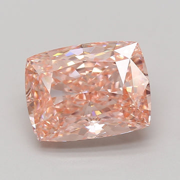 Cushion cut lab-grown diamond with pale pink hue and faceted surface, displayed against neutral background.