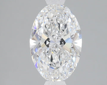 Clear oval-cut diamond with brilliant faceted surfaces and light refraction visible throughout the stone.