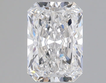 Radiant-cut lab-grown diamond with faceted surface displaying light refraction against neutral background.