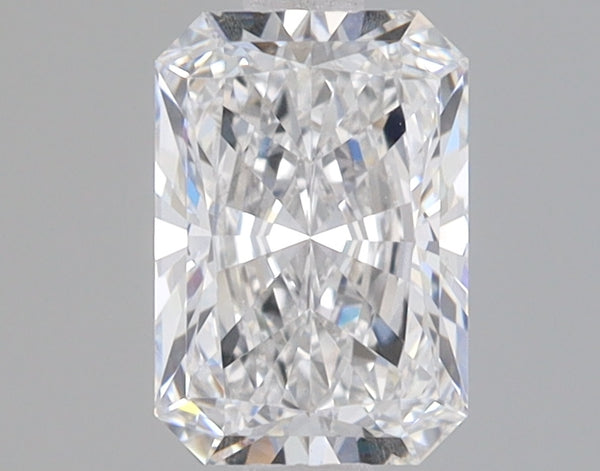 Radiant-cut lab-grown diamond with faceted surface displaying light refraction against neutral background.