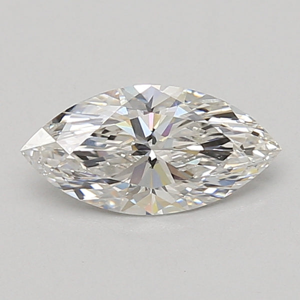 Marquise-cut lab-grown diamond with faceted surface displaying light refraction and colorless appearance.