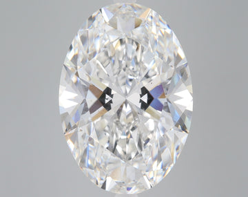 Oval-cut colorless diamond with faceted surfaces and internal light reflections on neutral background.