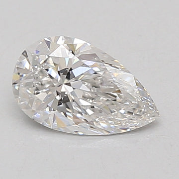Pear-shaped lab-grown diamond with faceted surfaces reflecting light, displayed against neutral background.