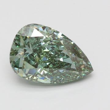 Pear-shaped lab-grown diamond with faceted surface and light green tint on neutral background.