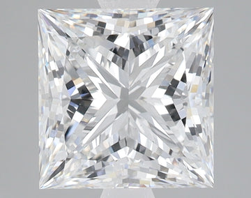 Princess-cut lab-grown diamond with square faceted shape and bright light refraction on neutral background.