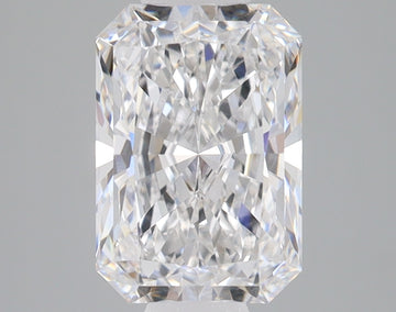 Radiant cut lab-grown diamond with faceted surfaces reflecting light, displayed against neutral background.