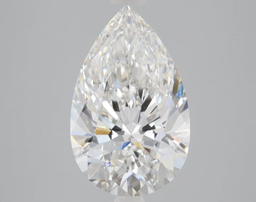 Pear-shaped clear faceted diamond with light reflections on gray background.
